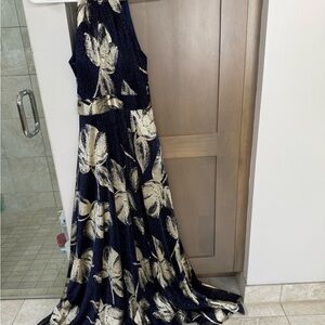 Bloomingdale's Aqua Brand- navy and gold Halter Maxi Gown for Weddings